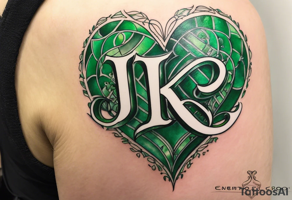 Emerald heart with “J+K” tattoo idea