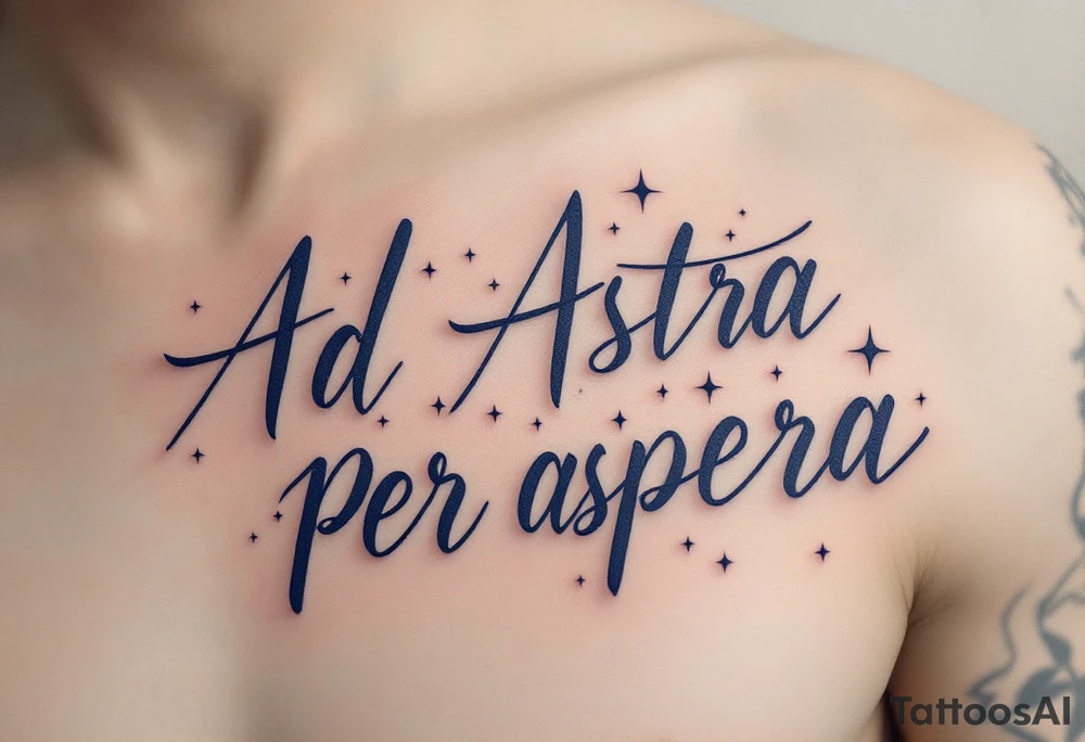 "Ad Astra Per Aspera" (To the stars through hardship) in sleek modern serif font, with a minimalist star map background, inked in midnight blue and dark gray. tattoo idea