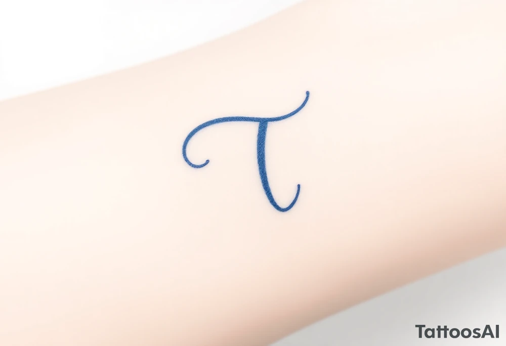 A handwritten "T" in indigo ink, underlined with a delicate wave. tattoo idea
