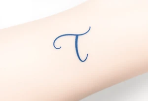 A handwritten "T" in indigo ink, underlined with a delicate wave. tattoo idea