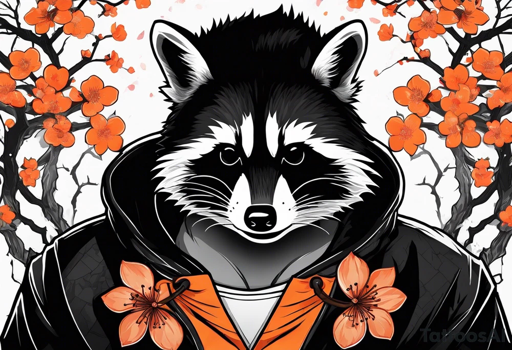 Raccoon wearing a white Superman logo on a black hoodie and orange Japanese cherry blossoms beside tattoo idea