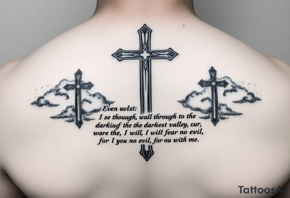 3 crosses, clouds, even though I walk through the darkest valley, I will fear no evil, for you are with me tattoo idea