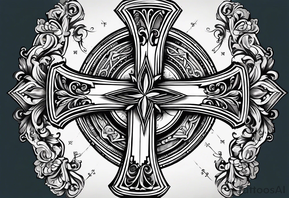 A simple cross with a smaller compass in the middle tattoo idea