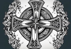 A simple cross with a smaller compass in the middle tattoo idea