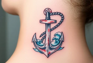 weathered anchor wrapped in nautical rope with sea waves tattoo idea