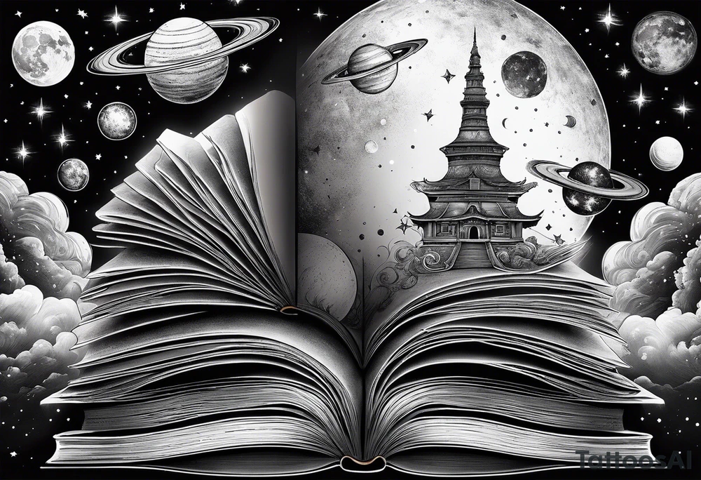 Stack of books with a universe sky and moons, the top book is open and has things coming alive from it tattoo idea