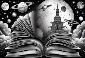 Stack of books with a universe sky and moons, the top book is open and has things coming alive from it tattoo idea