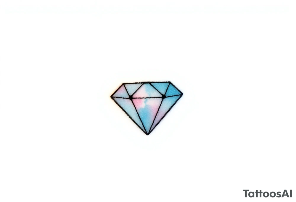 A small, geometric diamond outline with thin black lines, filled with soft gradients of light blue and pale pink, giving the illusion of sparkle and depth. The design is crisp and clean, symbolizing timeless elegance and strength. The colors should be subtle, with the diamond glowing softly in a minimalist style. tattoo idea
