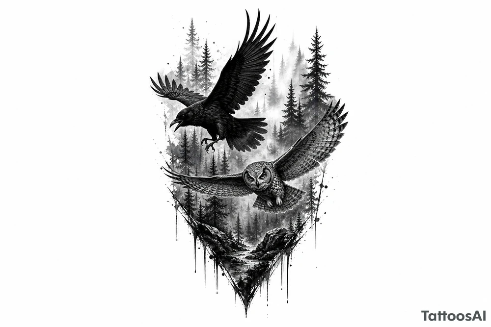 Silhouette of a raven and owl flying through a dense, misty forest tattoo idea