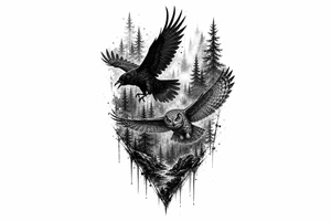 Silhouette of a raven and owl flying through a dense, misty forest tattoo idea