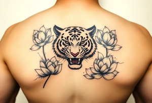 fierce tiger emerging through blooming lotus flowers in mist tattoo idea