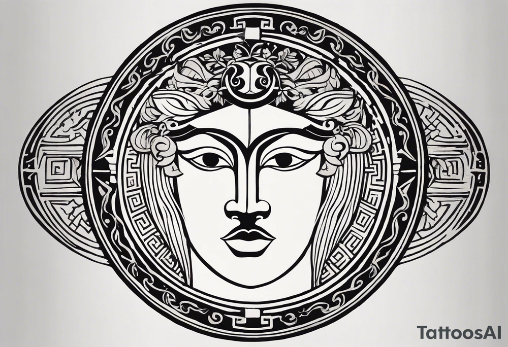 "Design a minimalist round tattoo inspired by ancient Greek art, centered around Dionysus and his love for theater. Create a circular composition with Dionysus depicted in the center, holding a theatrical mask and a goblet of wine. Surround him with simple yet symbolic elements such as geometric patterns reminiscent of ancient Greek pottery. Ensure the design maintains a minimalist style, with clean lines and limited detail, while capturing the essence of Dionysus's affinity for both wine and theater within the circular frame." tattoo idea