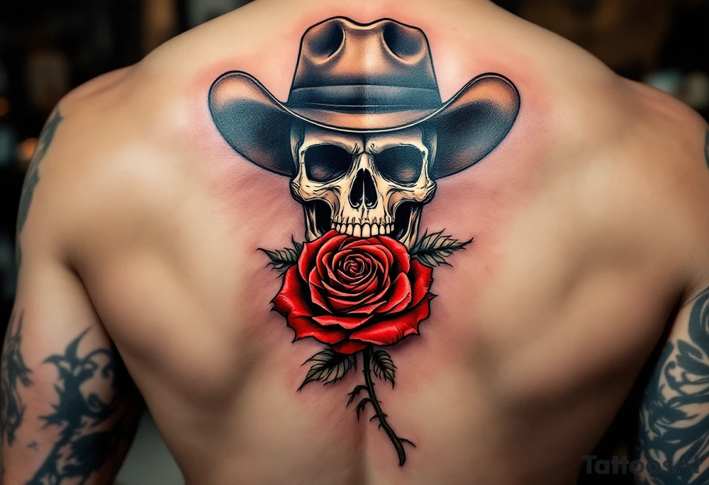 a full body skeleton cowboy gunslinger with a rose in his mouth. tattoo idea