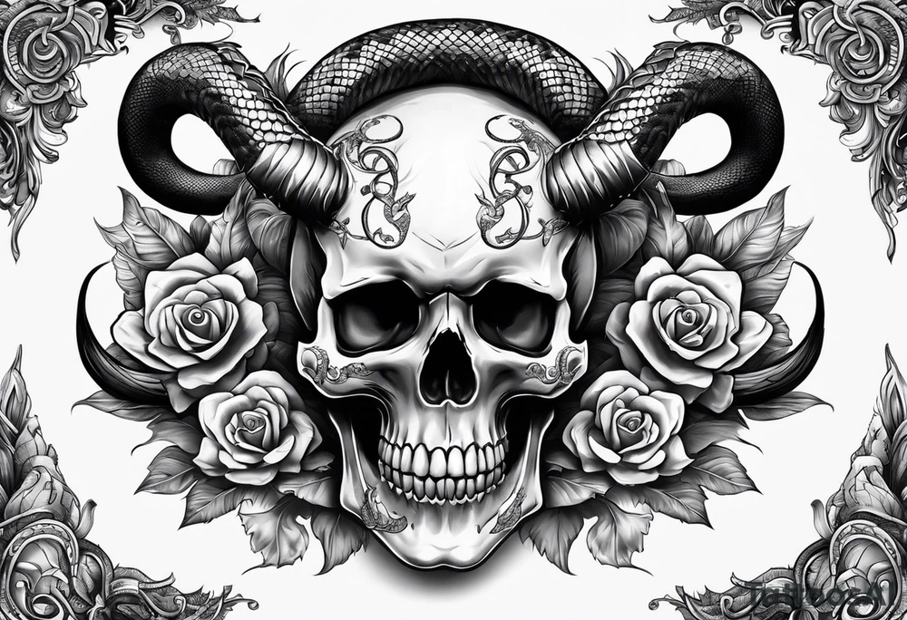skull with horns and snake tattoo idea