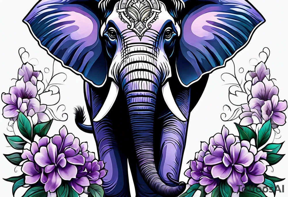 Half elephant face half lilacs tattoo idea