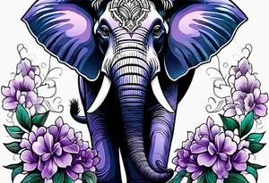 Half elephant face half lilacs tattoo idea