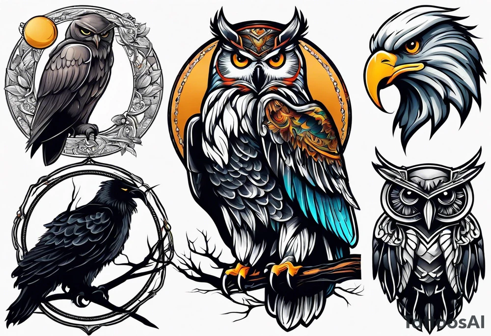 owl vs crow vs eagle vs elephant tattoo idea