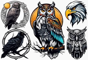 owl vs crow vs eagle vs elephant tattoo idea