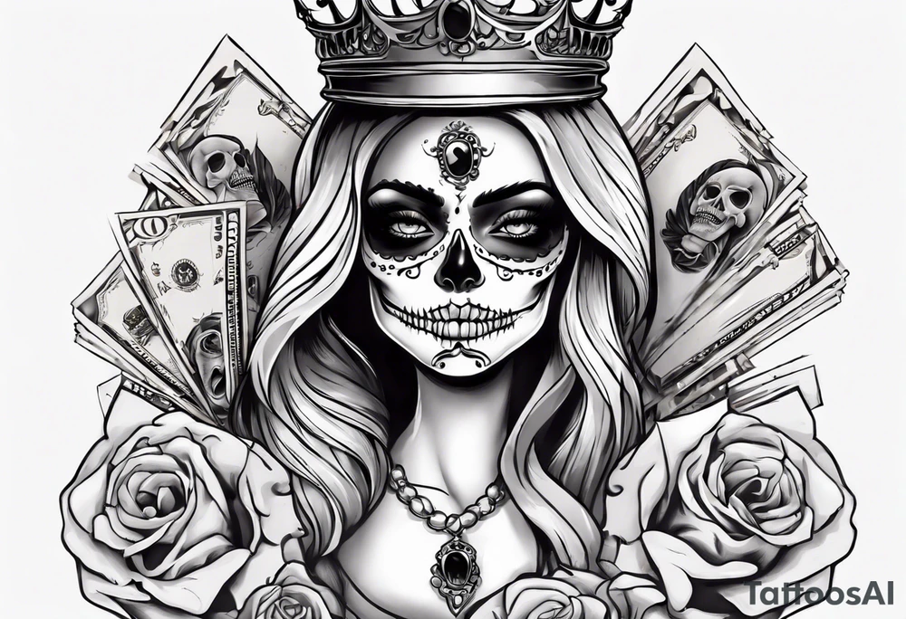 santa la muerta with money and crown
on the card tattoo idea