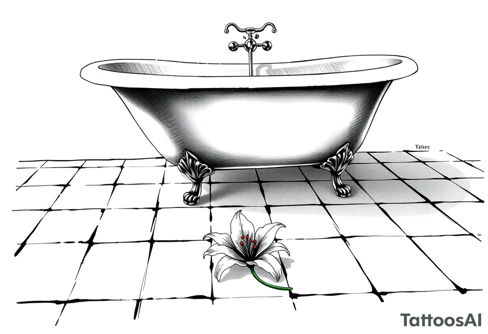 Clawfoot bathtub on tile floor with lily coming up from floor tattoo idea