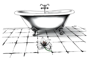 Clawfoot bathtub on tile floor with lily coming up from floor tattoo idea
