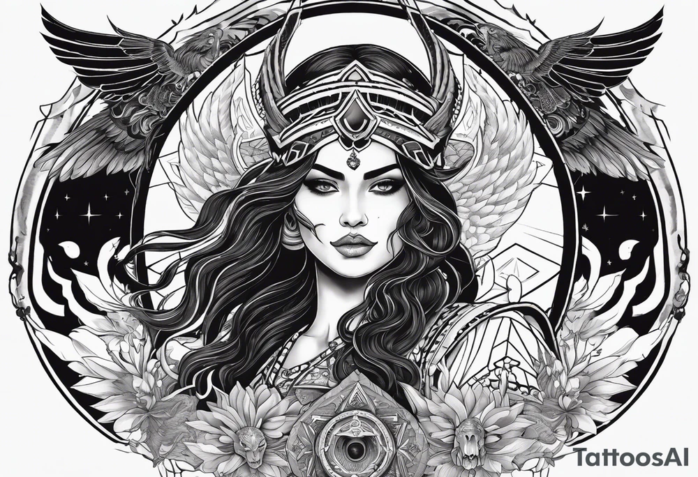 black kali, goddess pirate, alien, angel, pachamama, valkrye, warrior, flying, skull, lotus azul, wing, eagle, zenza resonance, stars, 5D, anahata chakra, death, durga, riding on a tiger, flying lady tattoo idea
