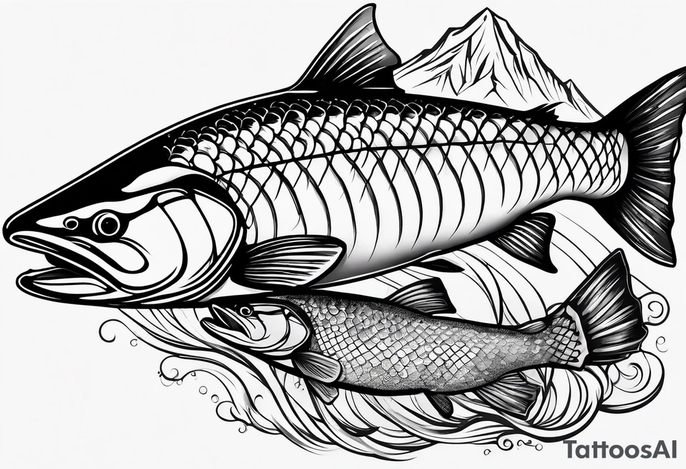 salmon fish designed with mountains and rivers within the body of the salmon tattoo idea
