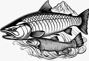 salmon fish designed with mountains and rivers within the body of the salmon tattoo idea