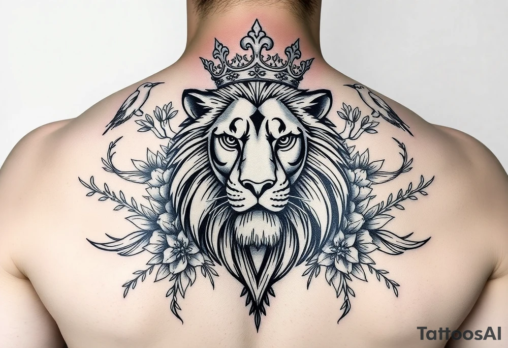 powerful majestic lion with a crown, surrounded by floral ornaments and birds tattoo idea