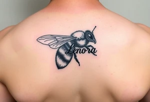 "Lenora" written in Hebrew inside of a bumblebee tattoo idea