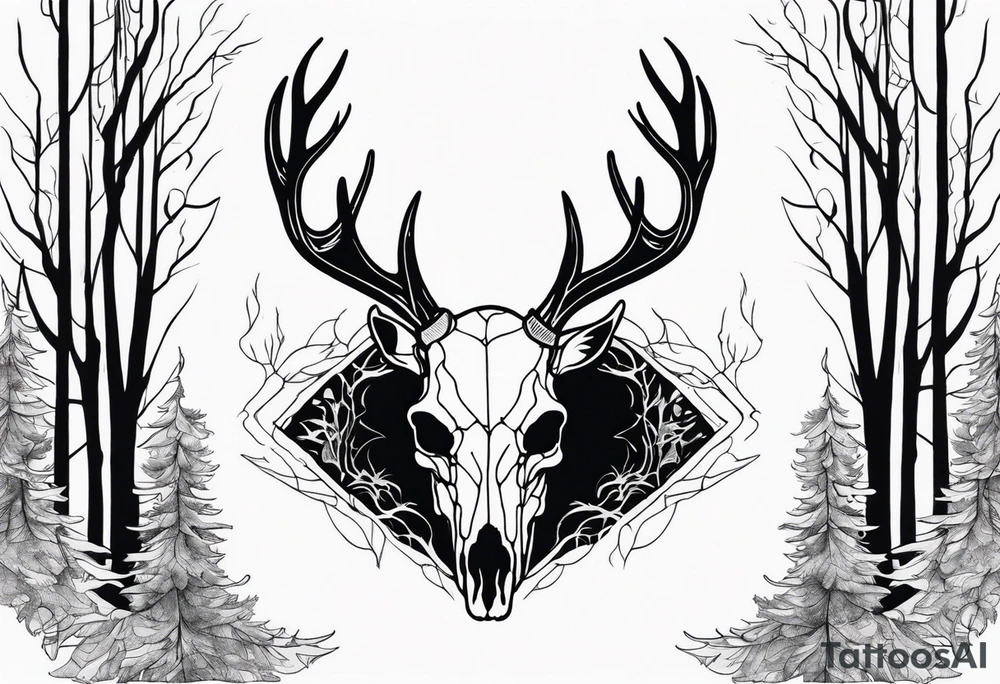 A side view of decayed deer skull surrounded by trees and fire tattoo idea
