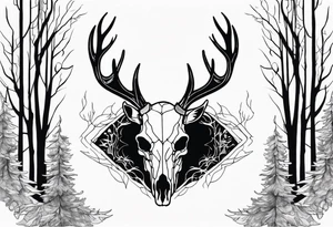 A side view of decayed deer skull surrounded by trees and fire tattoo idea