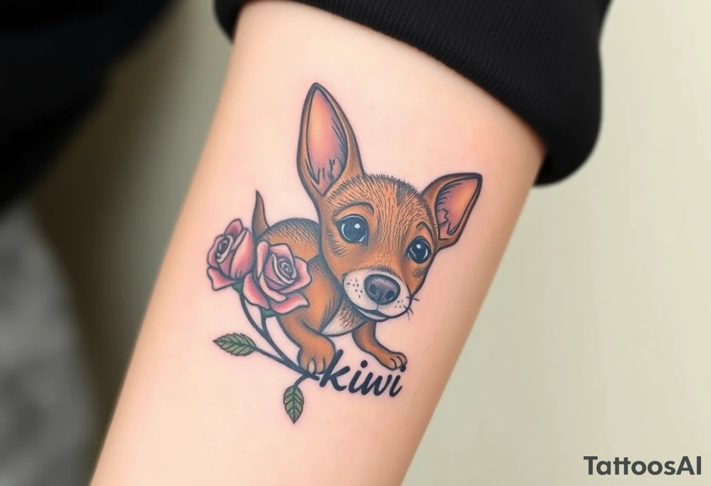 Cute female  hound dog mix Brindle dog with the name kiwi . And a tiny rose around her . With her ears pointy a little big tattoo idea