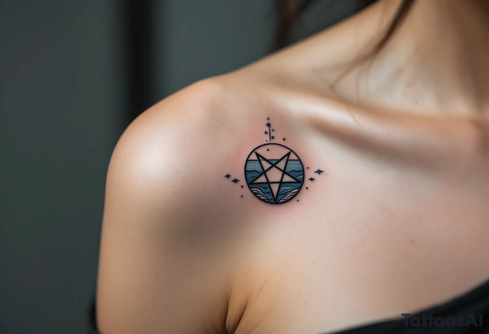 A pentagram submerged in dark water, with tiny waves and blue accents tattoo idea