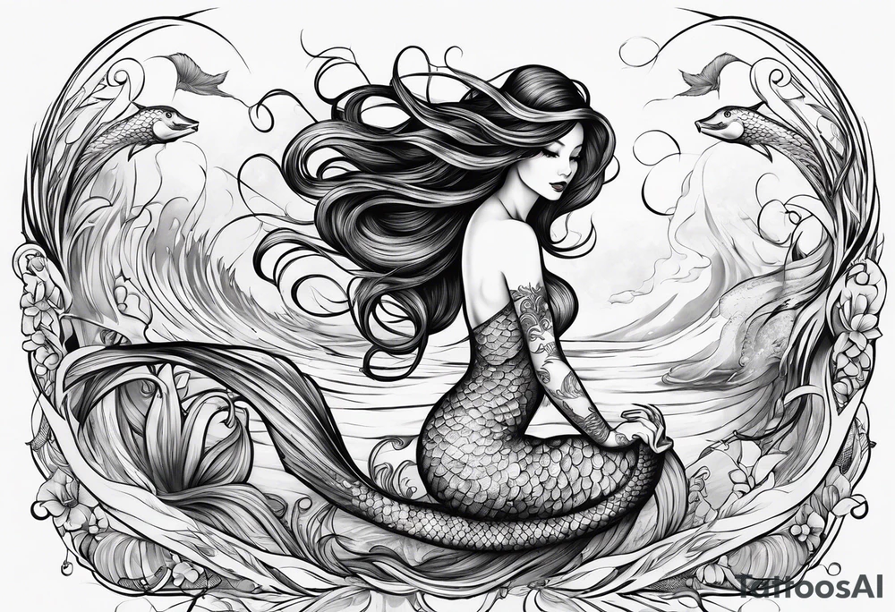 mystical sultery
 mermaid with long 
flowing tail and hair, tattoo sleeve tattoo idea