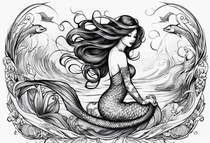 mystical sultery
 mermaid with long 
flowing tail and hair, tattoo sleeve tattoo idea