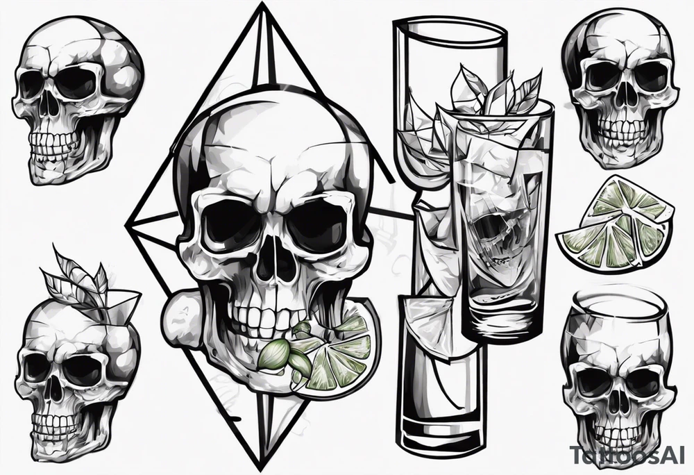 A smiling looking to the left scull inside the glass with alcohol and piece of lime tattoo idea