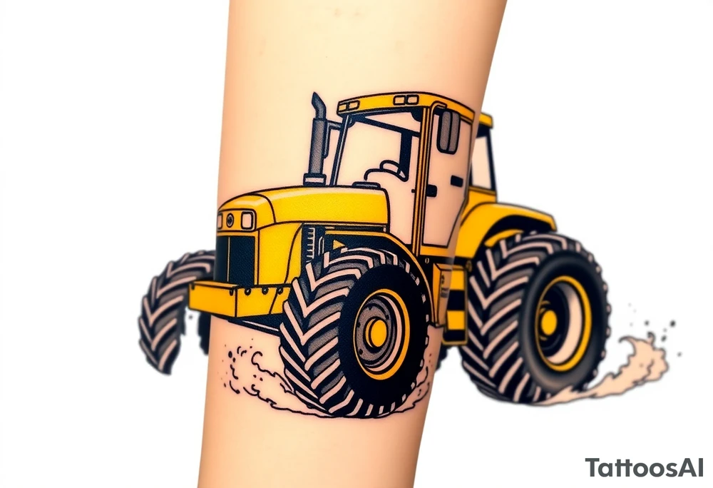 A hyper-realistic yellow tractor in motion, dust swirling around its massive tires. tattoo idea