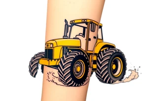 A hyper-realistic yellow tractor in motion, dust swirling around its massive tires. tattoo idea