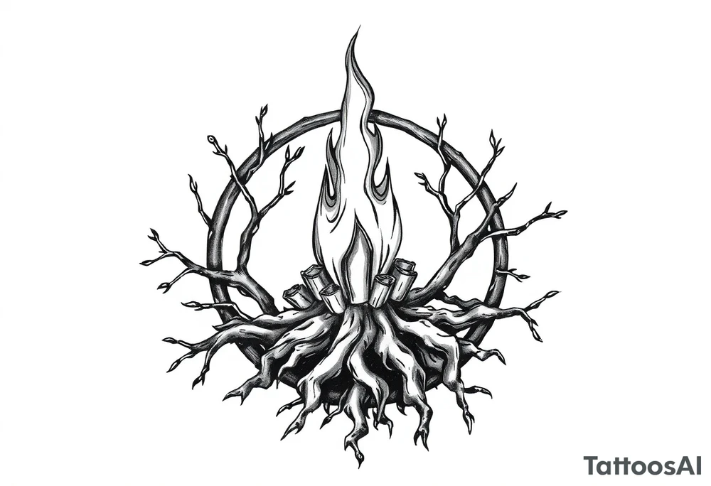 a flame imprisoned in a roots circle tattoo idea