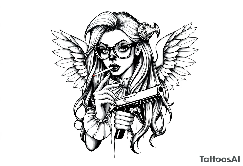 beautiful long hair Clown Girl thug eyeglasses angel wings smoking a cigarette holding a gun tattoo idea