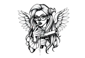 beautiful long hair Clown Girl thug eyeglasses angel wings smoking a cigarette holding a gun tattoo idea