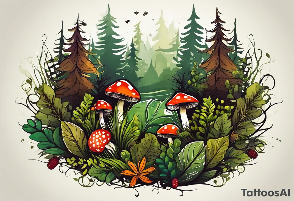 minimalistic forest floor inspired tattoo, which includes grass, moss, curly ferns and dead leaves as the bulk of the tattoo. details to include: forest berries, couple of very small brown mushrooms, a tiny bumblebee flying nearby tattoo idea
