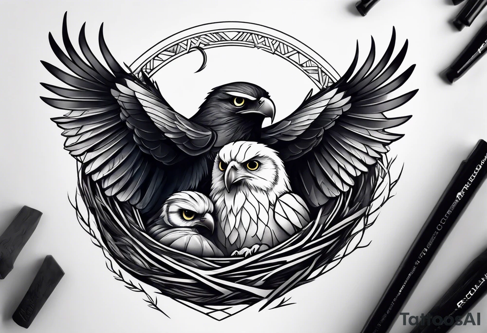 Owl, raven, eagle cuddled in a nest, looking down into the nest tattoo idea