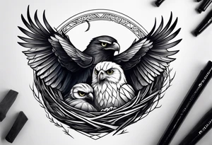 Owl, raven, eagle cuddled in a nest, looking down into the nest tattoo idea