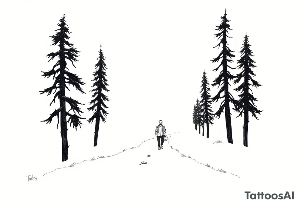 Everything everywhere all at once :Confusion and pressure in thin lines solo traveler with no face with his body parts left on the path behind him he’s walking carefully with much regret tattoo idea