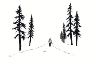 Everything everywhere all at once :Confusion and pressure in thin lines solo traveler with no face with his body parts left on the path behind him he’s walking carefully with much regret tattoo idea