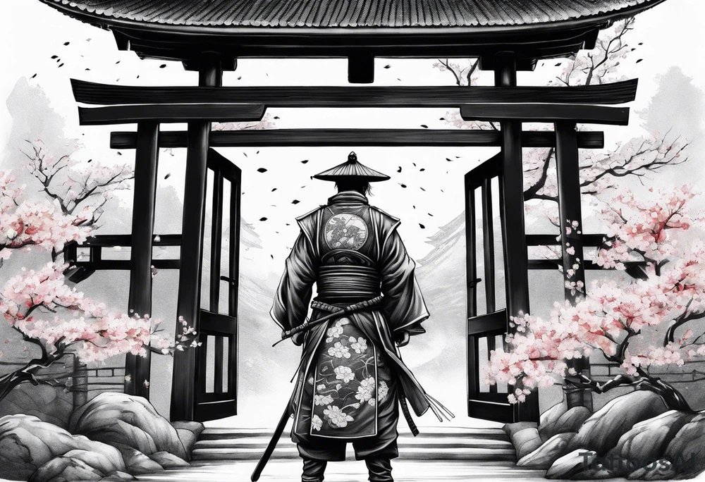 Lonesome samurai warrior standing behind a Tori gate depicting memento mori and cherry blossom leaves falling around him tattoo idea