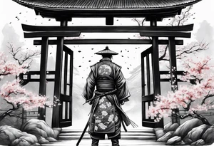 Lonesome samurai warrior standing behind a Tori gate depicting memento mori and cherry blossom leaves falling around him tattoo idea