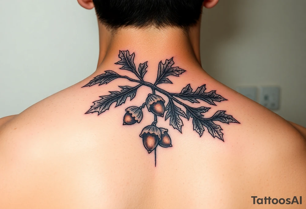 oak branch with thick leaves and acorns tattoo idea